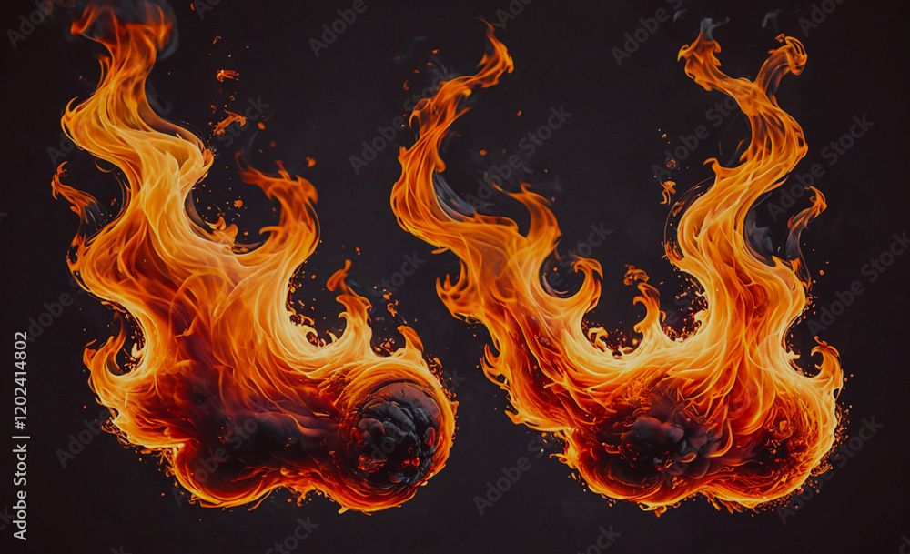 Poster two flames are shown in the image, one on the left and one on the right. the flames are orange and a