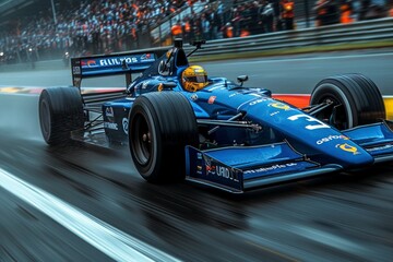 High-speed race car zooming around a track with vibrant colors and aerodynamic precision.