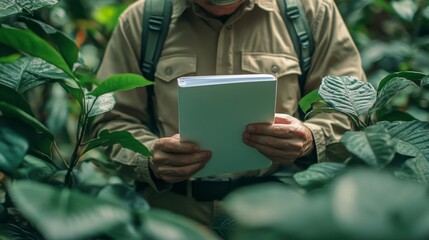 Botanist Examining Flora Field Guide Amidst Lush Tropical Foliage