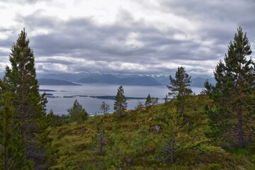 Varden viewpoint Panoramic landscapes, ocean, fjords, islands forests summer 2024 around Molde Norway Scandinavia Europe