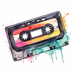 Naklejka premium Vibrant Watercolor Cassette Tape Illustration with Splashes of Color and Retro Design