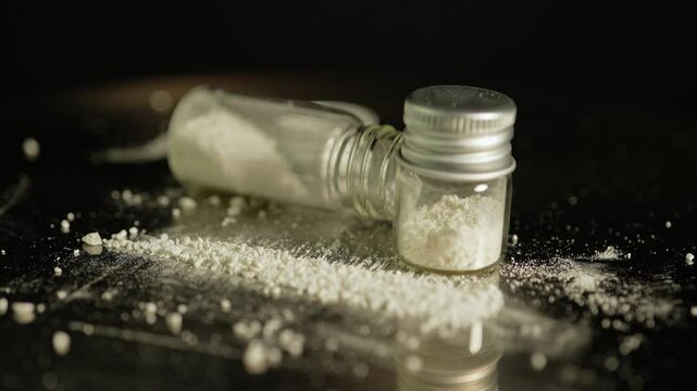 Drugs cocaine or oxy substances abuse and addiction. Hard illegal drugs. Preparing strips of white powder to blow. Drugs trafficking. Opioid crisis and opiates epidemic. Painkillers medications abuse.