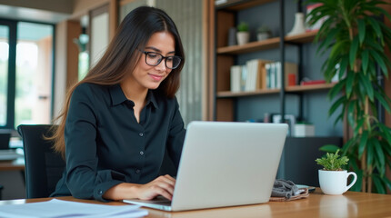 Focused young professional it specialist working on laptop pc sitting at desk in modern office