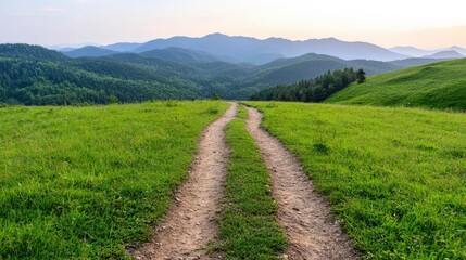 Mountain road winding through green hills towards distant peaks at sunset; travel, nature background