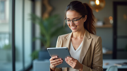 European businesswoman CEO holding digital tablet using tab application standing at workplace in office.