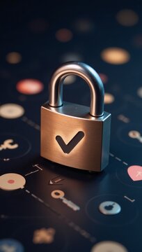 Conceptual illustration featuring a padlock icon with a checkmark symbol to represent website and internet security cyber defense private protection and data encryption