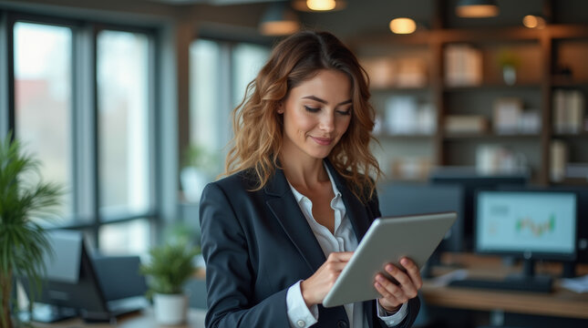 European businesswoman CEO holding digital tablet using tab application standing at workplace in office.
