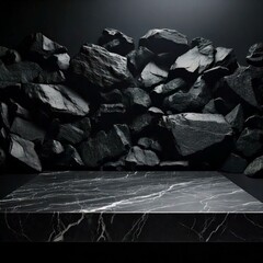 base de mármore preto para produto com pedras pretas ao fundo, elegância, fino - Generated image