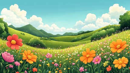Fototapeta premium Vibrant Spring Meadow Rolling Hills Blooming Cosmos