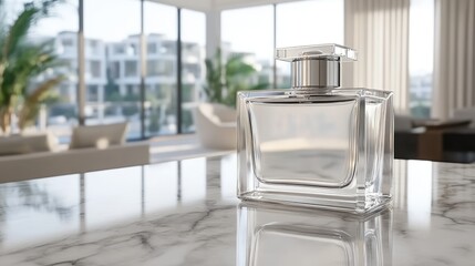 A meticulously crafted glass perfume bottle rests on a luxurious marble table, surrounded by delicate flowers and bathed in warm, inviting light. The ambience suggests sophistication