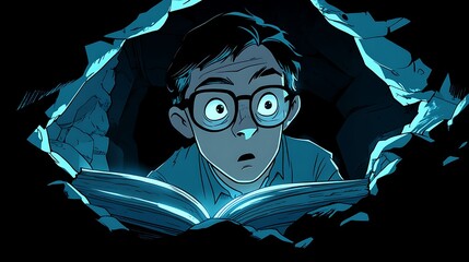 Man Reading Glowing Book Inside Dark Crevice