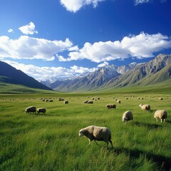 Fototapeta premium Vast grassland surrounded by undulating mountains and clouds in the sky, with grazing sheep