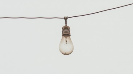 Single lightbulb hanging from wire against white background.