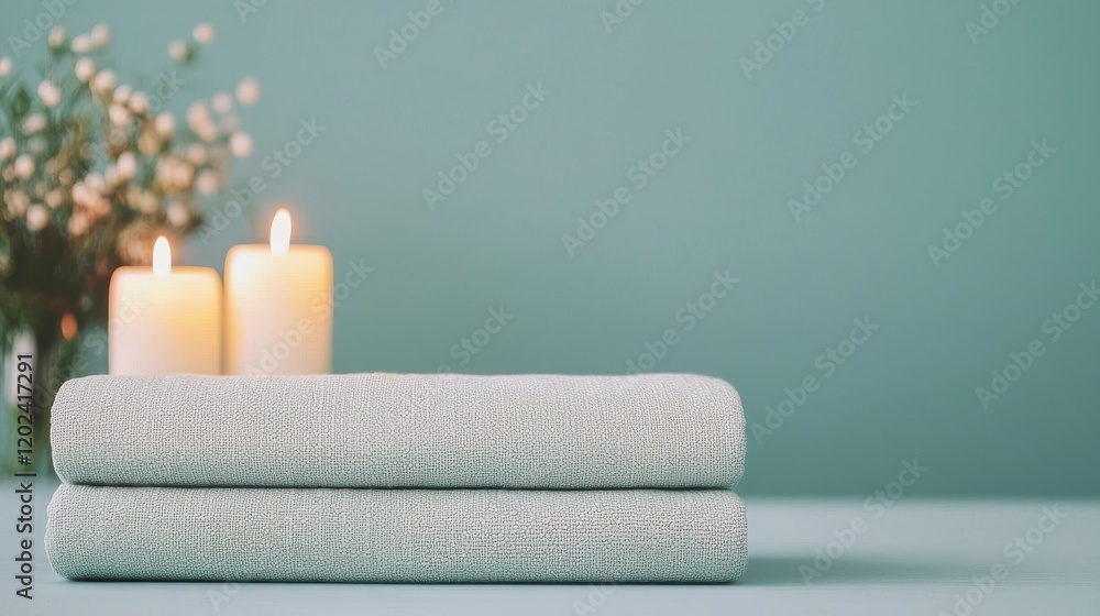 Poster a serene arrangement of soft towels and lit candles on a calming green background, creating a tranqu