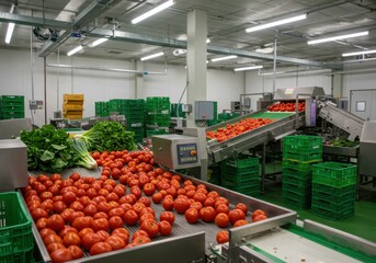 Industrial food processing, tomato sorting line, conveyor belt with ripe tomatoes, automated produce inspection, large warehouse facility, bright overhead lighting, stainless steel machinery, green pl