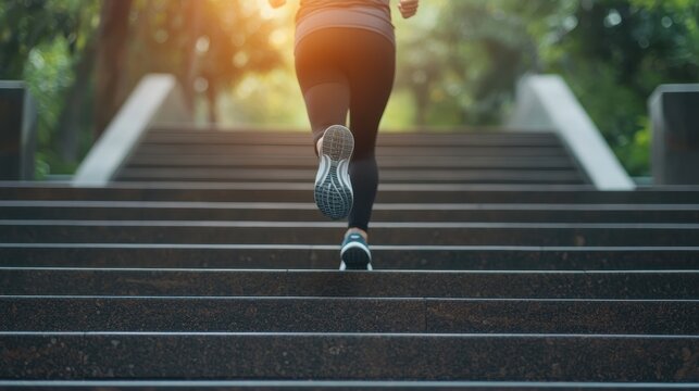 A person jogs up a set of stairs in a lush, green environment, with sunlight filtering through the trees, emphasizing fitness and outdoor activity.