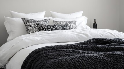 A minimalist black-and-white themed bedroom with layered crisp white bedding