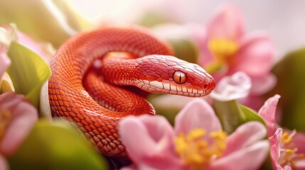 Obraz premium Vibrant Red Snake Among Delicate Pink Blossoms