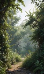 Fototapeta premium Dense foliage with tangled vines and thorny shrubs , entwined plants, thorny vegetation, dense foliage