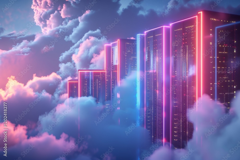 Aufkleber a futuristic depiction of data centers glowing with neon lights against a backdrop of clouds and a s