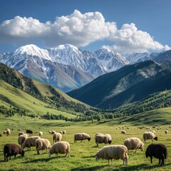 Obraz premium Vast grassland surrounded by undulating mountains and clouds in the sky, with grazing sheep