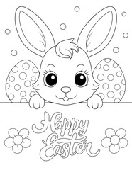 happy easter coloring card, bunny, eggs and flowers, . ready to print on standard 8.5x11 inch paper