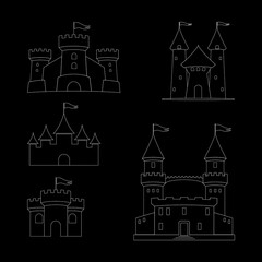 Fototapeta premium Set of 3 5 towers. The castle towers are drawn with a white outline. Elements to create a family crest, such as heraldry. Elements for creating a coloring page. Contour.