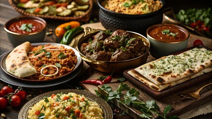 Obraz premium Delicious Indian Food Platter Curry Rice Naan Bread