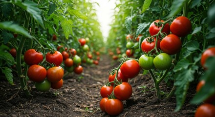 Tomato plants in greenhouse, ripe red tomatoes on vines, rows of tomato plants, dirt path between plants, green foliage, agricultural scene, fresh produce, organic farming, vibrant colors, close-up vi