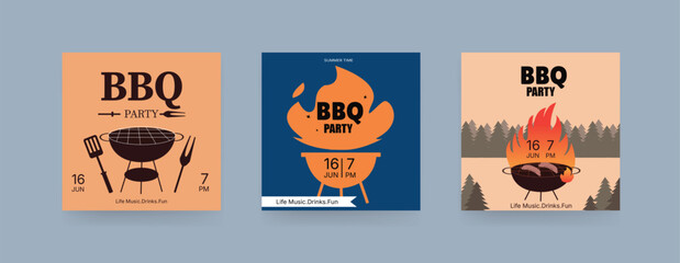 Set of BBQ Invitation Banner, barbeque invitation, Barbecue Square banner. Retro Style.