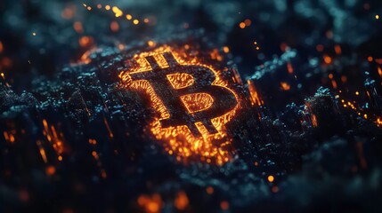 Abstract visualization of cryptocurrency surge: bitcoin symbol illuminated by lightning strike, indicating market growth and strength