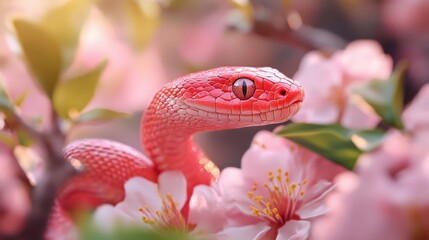 Fototapeta premium Pink Snake Among Delicate Pink Blossoms