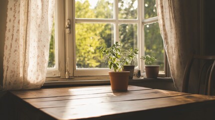 Fototapeta premium Sunlit rustic wooden table near window with potted plants.