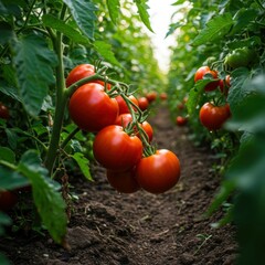 Tomato plants in greenhouse, ripe red tomatoes on vines, rows of tomato plants, dirt path between plants, green foliage, agricultural scene, fresh produce, organic farming, vibrant colors, close-up vi