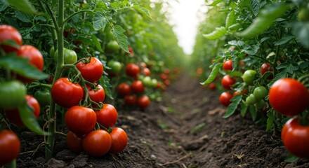 Tomato plants in greenhouse, ripe red tomatoes on vines, rows of tomato plants, dirt path between plants, green foliage, agricultural scene, fresh produce, organic farming, vibrant colors, close-up vi