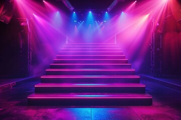 Colorful stage lighting setup featuring bright spotlights shining onto an empty platform.