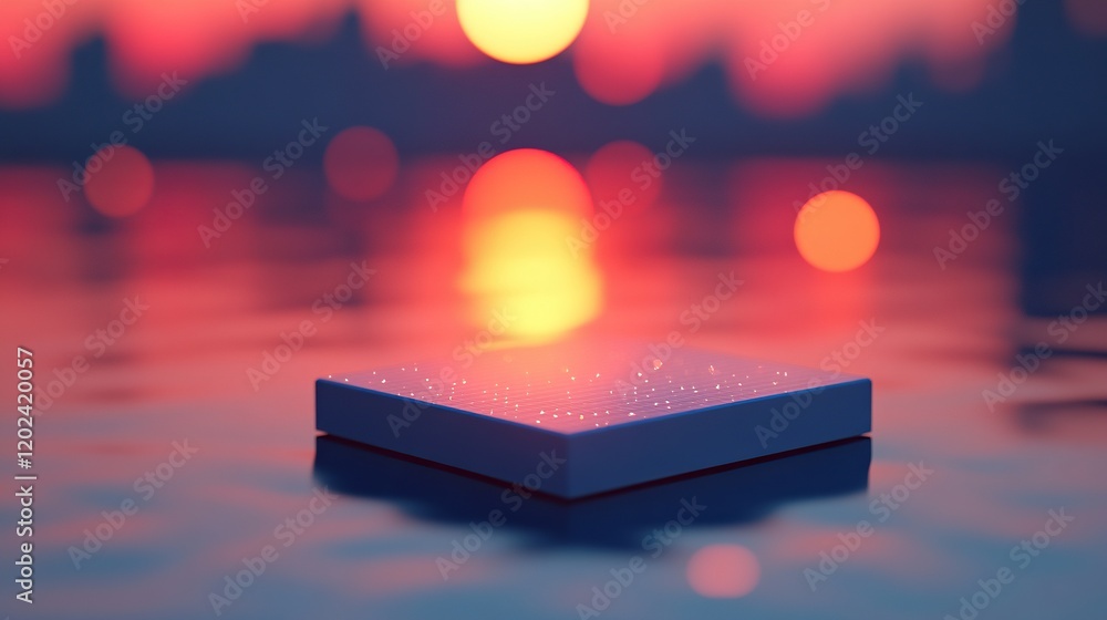 Poster Empty platform on water at sunset with glowing bokeh background for product display