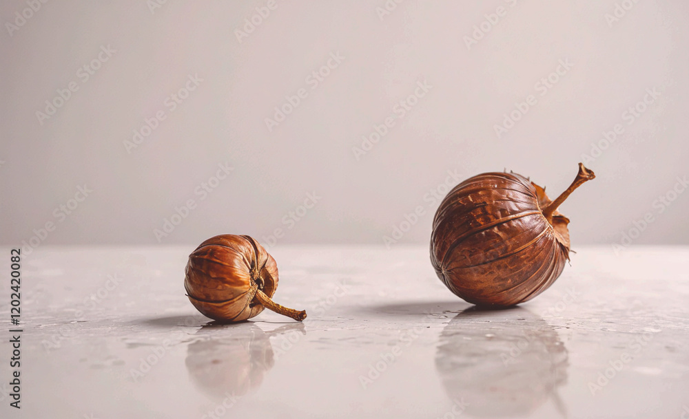 Poster two small brown fruits are placed on a white surface. the fruits are not ripe and have a slightly bi