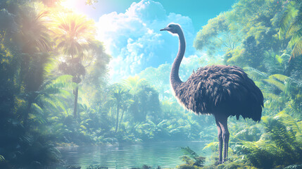 Ostrich adventure wildlife exploration exotic forest digital art bright sky playful scene. Exotic Wildlife Encounter. Illustration