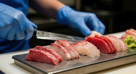 Sushi preparation, fresh raw fish slices, metal tray, blue gloved hands, chef knife, vibrant salmon, tuna, yellowtail, precision cutting, restaurant kitchen, culinary art, close-up shot, high-quality 