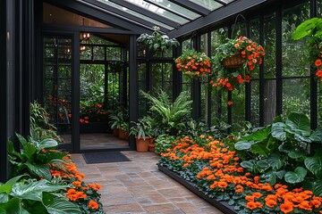 Sunlit Greenhouse Filled With Lush Greenery and Orange Blooms