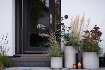Welcoming front entrance adorned with elegant planters and soft lighting creates a serene atmosphere outside a modern home in autumn