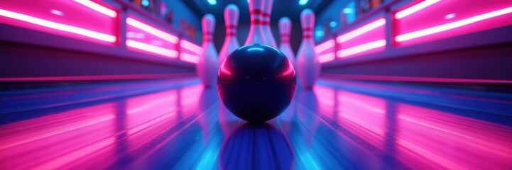 Naklejka premium Dynamic bowling scene featuring a black ball approaching pins, illuminated by vibrant neon lights, ideal for sports, entertainment, or leisure marketing.