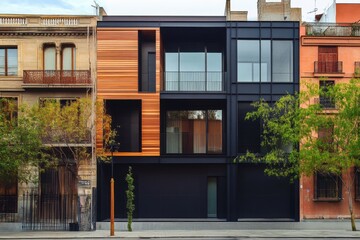 Obraz premium Modern architectural design blends seamlessly with historical buildings in an urban setting, showcasing contrasting materials and structures in a vibrant neighborhood