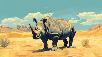 Rhino encounter in the desert wildlife illustration vibrant landscape artistic viewpoint conservation awareness. Exotic Wildlife Encounter. Illustration