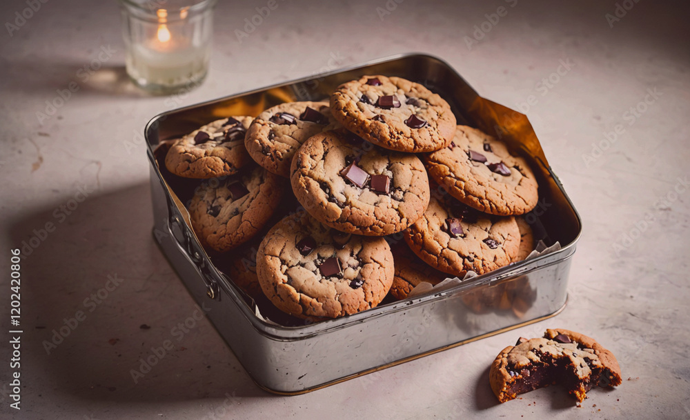Aufkleber A tin of chocolate chip cookies sits on a table. The cookies are in a square tin and are piled on top of each other. There is a single cookie missing from the tin