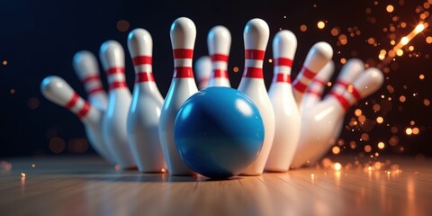 Naklejka premium A dynamic close-up of a blue bowling ball heading towards a set of pins, capturing the excitement and energy of bowling.