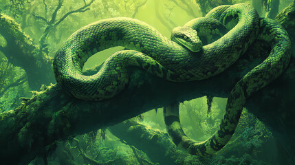 Serpentine treetop embrace - nature's emerald majesty. Exotic Wildlife Encounter. Illustration