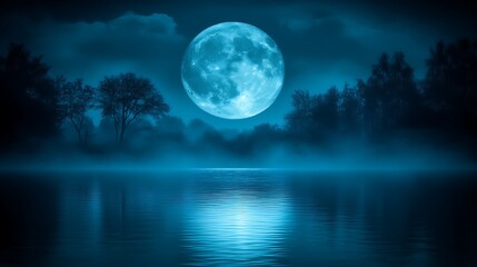 Fototapeta premium A mystical full moon over a tranquil foggy lake and forest