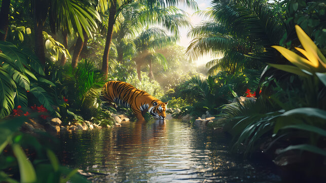 Tiger encounter in tropical jungle wildlife photography lush environment close-up view captivating nature experience. Exotic Wildlife Encounter. Illustration